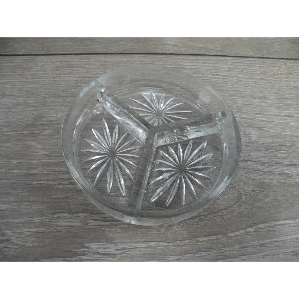 Vintage Clear Glass Divided Relish Dish Starburst Pattern Round Candy Nut Bowl